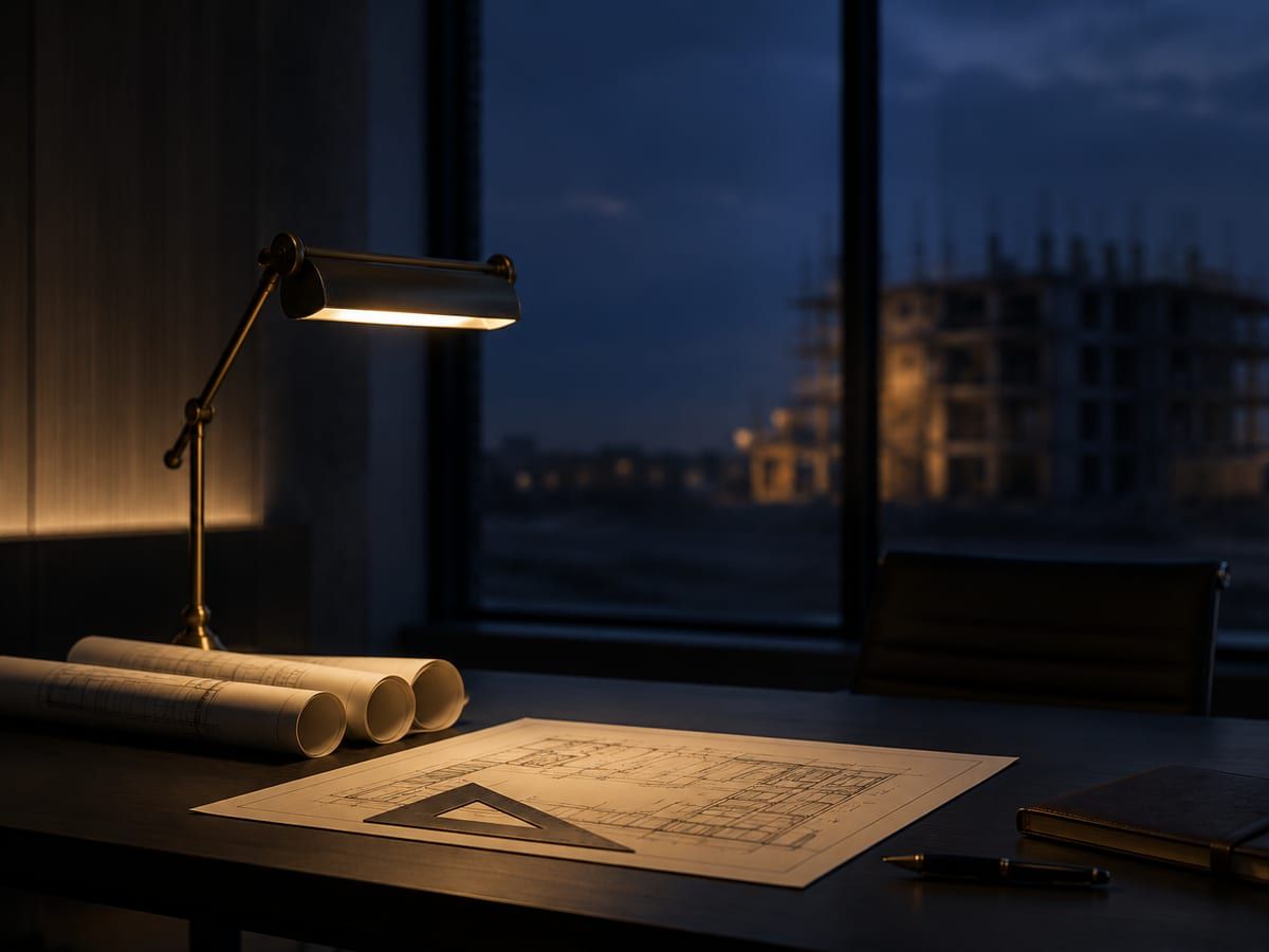 A senior project office desk with rolled architectural drawings, lit by a brass lamp, overlooking a building under construction at dusk